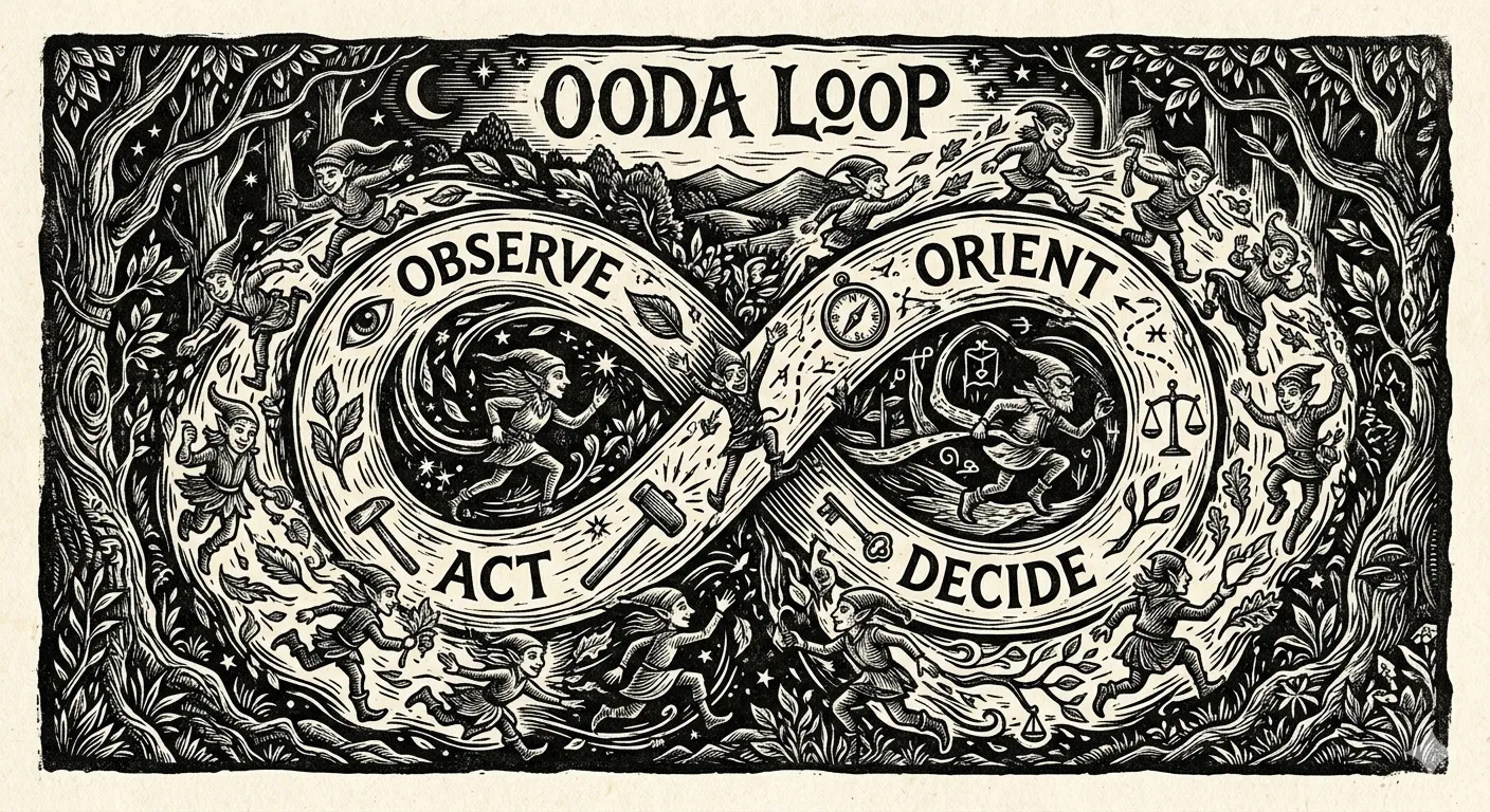 A woodcut-style illustration of an OODA loop — Observe, Orient, Decide, Act — drawn as a figure-eight surrounded by working elves.